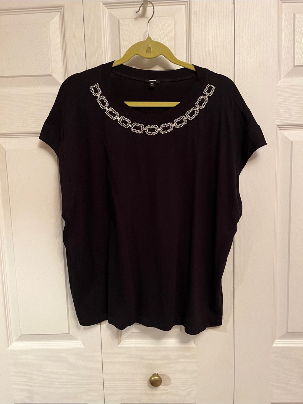 Women's Black Short Sleeve Top with Rhinestone Chain Detail